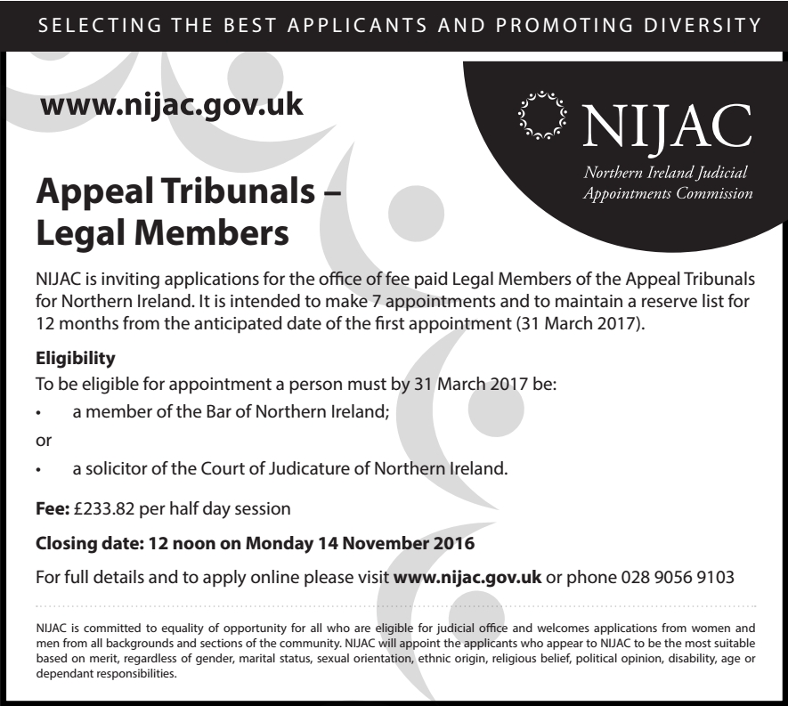 Appeal Tribunals Legal Members Belfast Solicitors Association